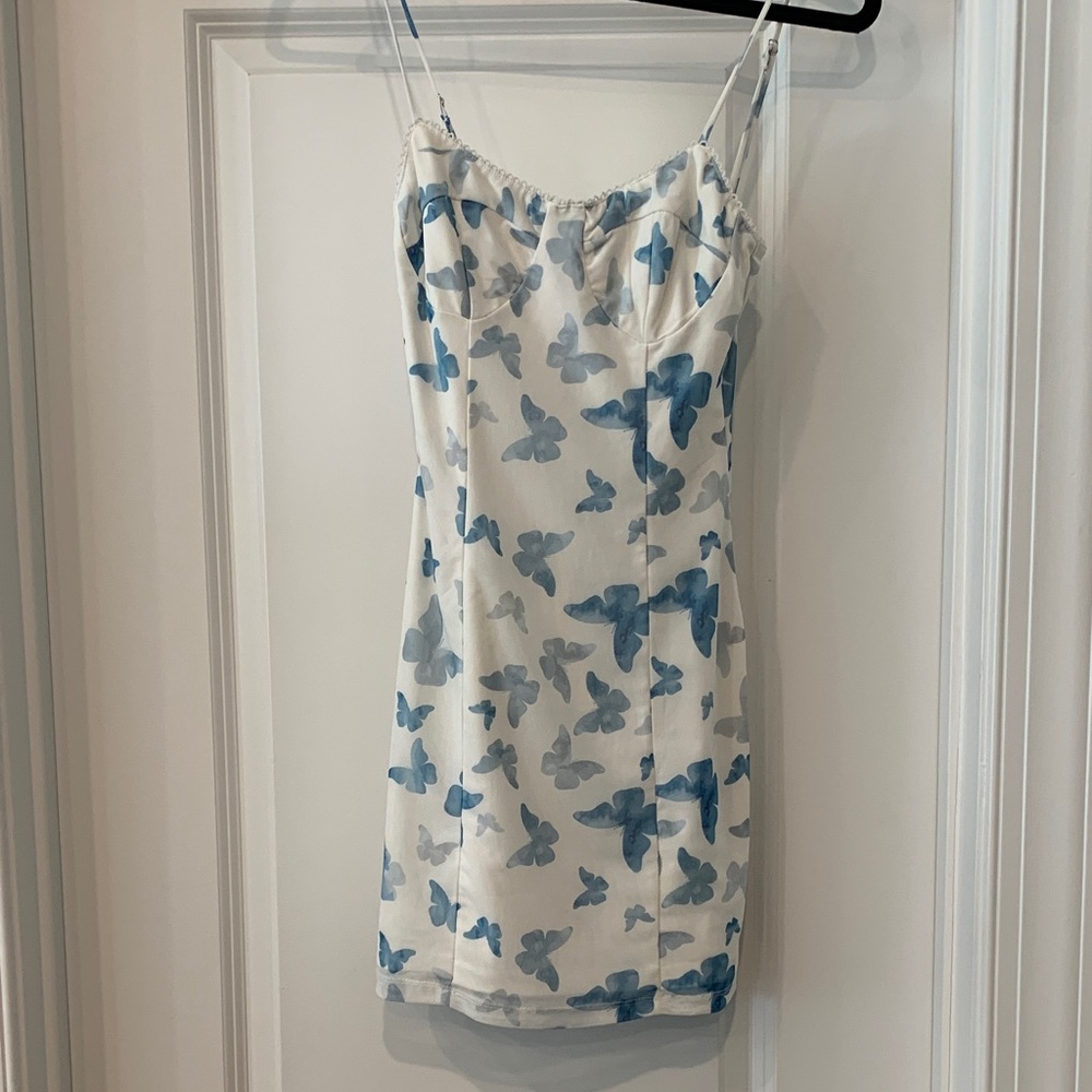 Princess Polly White and Blue Butterfly Dress mesh lined size 2 or XS